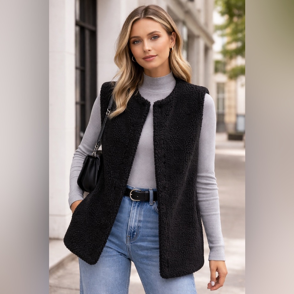 Topshop Borg Fleece Teddy Vest | Black